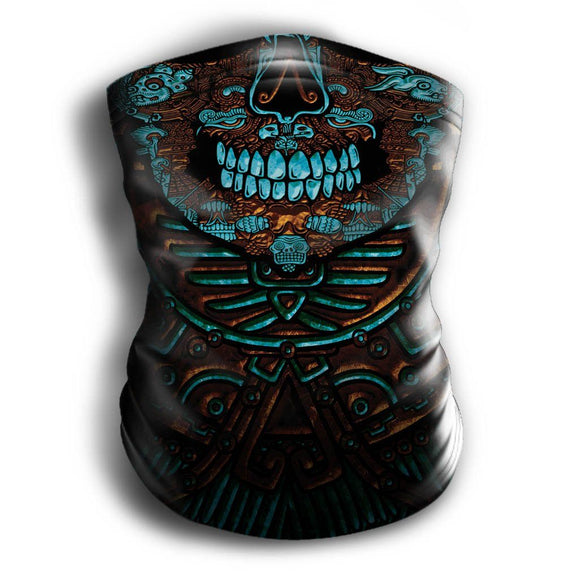 Aztec Mask Headband Two-in-One - Neck Buff, Tubular Bandana, Neck Gaiter Face Mask Nahua Ollin Miquiztli Orange/Turquoise Adult Standard 