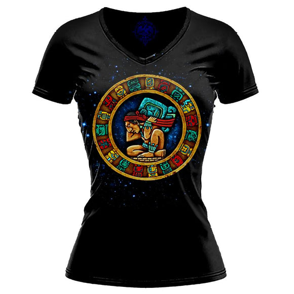 Mayan Calendar Black T-Shirt (Women's) Women shirts Nahua Ollin V Neck Black S