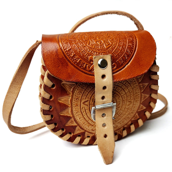 100% Handmade Leather Purses Pura Cultura Mini Aztec Sol Calendar(Brown) 