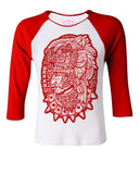 Chaahk Mayan Shaman Premium Raglen Tee (Women's) Women shirts Nahua Ollin White & Red S 