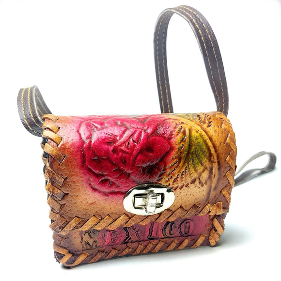 100% Handmade Leather Purses Pura Cultura Mini Mexico/Flower Stamped(Color) 
