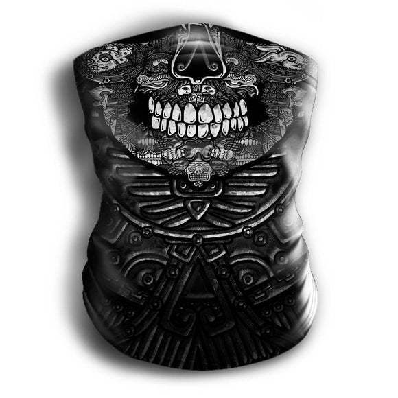 Aztec Mask Headband Two-in-One - Neck Buff, Tubular Bandana, Neck Gaiter Face Mask Nahua Ollin Miquiztli Black & White Adult Standard 
