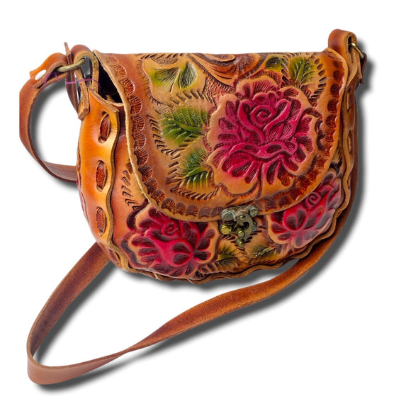 100% Handmade Leather Purse Pura Cultura Medium Flower Design Stamped(Color) 