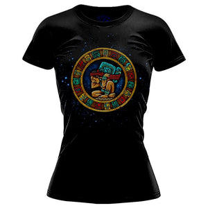 Mayan Calendar Black T-Shirt (Women's) Women shirts Nahua Ollin V Neck Black S