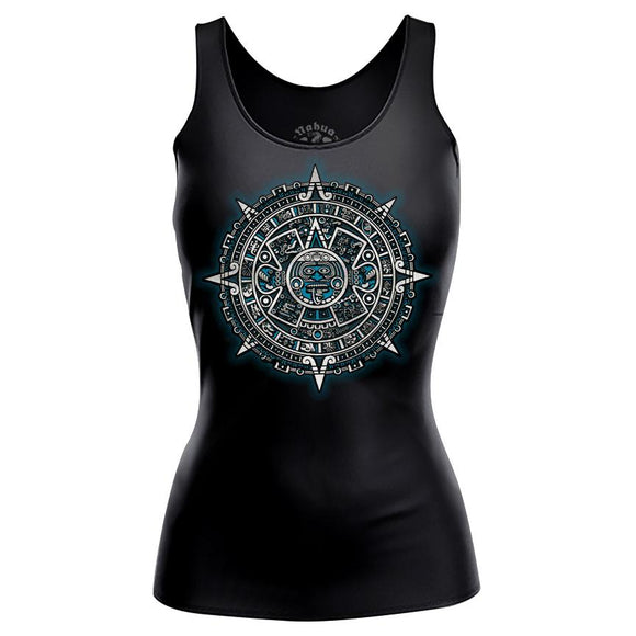 Aztec Calendar Tee (Women's) Women shirts Nahua Ollin Tank Top Blue w/ SIlver S