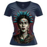 Frida Kahlo Indigenous Premium Tee (Women's) Women shirts Nahua Ollin V Neck Indigo S